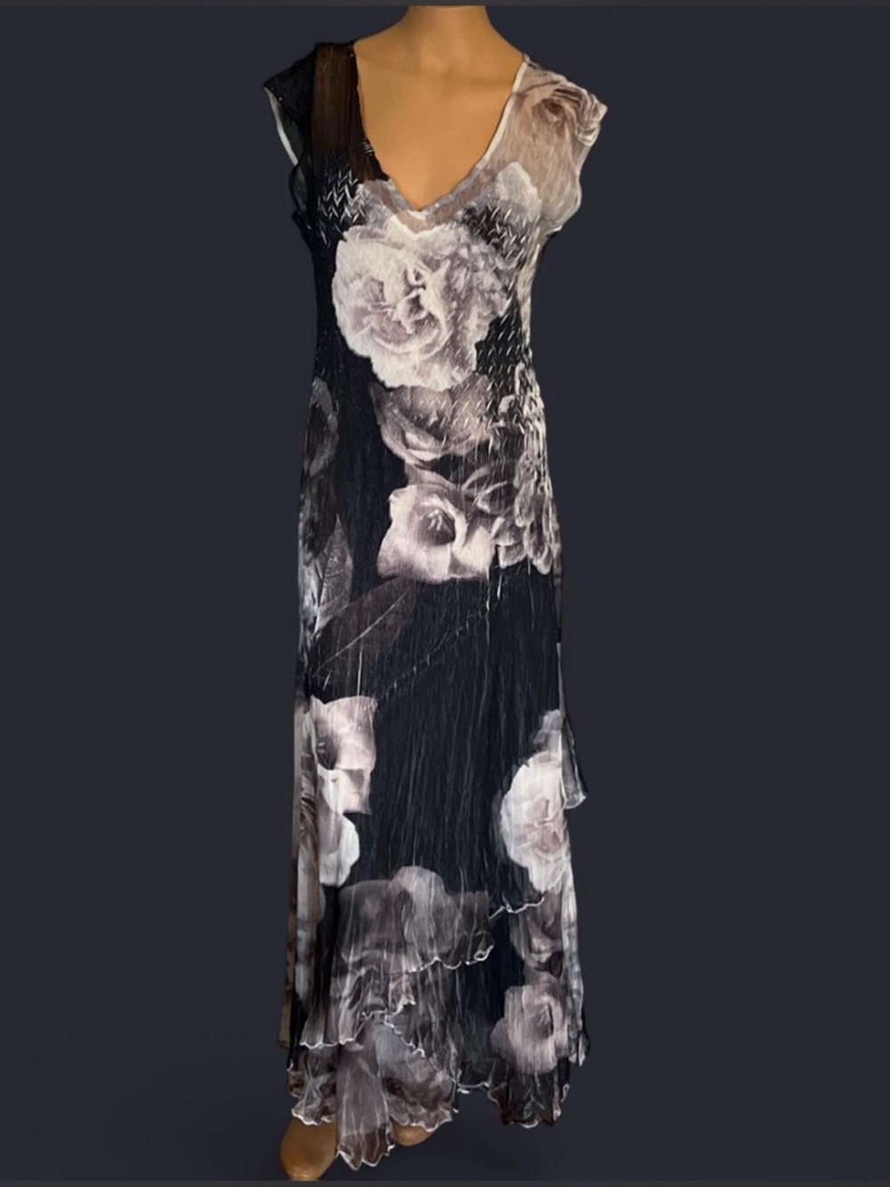 Komarov Black Maxi Dress with Gray Floral Print